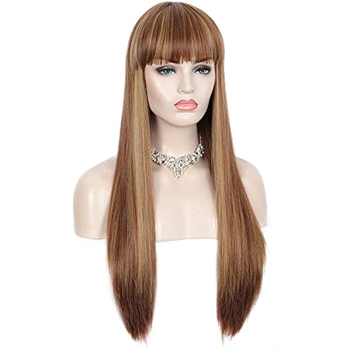 DILLARDS Sotica Long Straight Brown Mix Blonde Highlights Wigs With Bangs For White And Black Women 28 Inch Synthetic Highlights Wigs Natural Look Hair Wigs Heat Resistant Fibre For Daily Party Use - Image 1